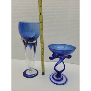 Set 2 Vases Poland Art Glass Cobalt Blue Jellyfish Vase Swirl